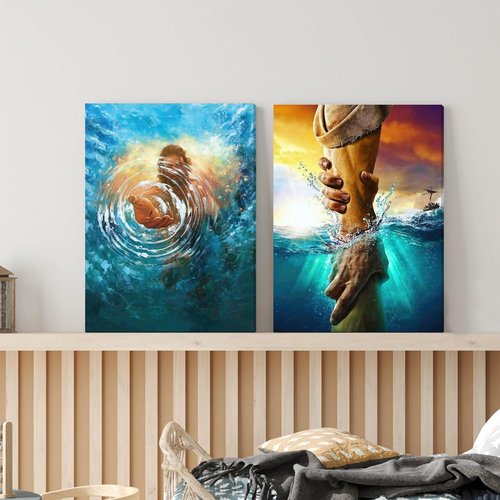 Framed Jesus Christ Canvas Wall Art - The Hand of God Reaching Into Water | 12" x 16" Christian Decor