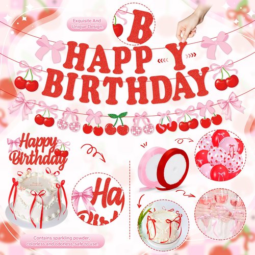 K KUMEED Cherry Birthday Decorations,Happy Birthday Cherry Banner,Summer Fruit Cherry Party Supplies Cake Topper Latex Balloons for Women Girl Birthday Party Favors