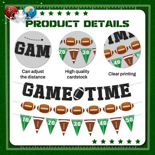 3 Pcs Football Banner Garland | No DIY - Pre-strung Game Time Football Party Banner | Birthday Party Decorations Bowl Game Indoor Decor