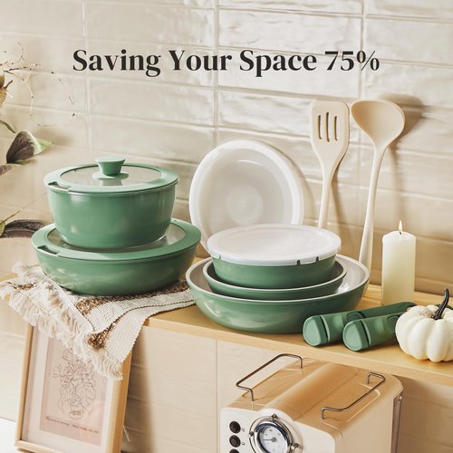 Redchef 16pcs Ceramic Pots and Pans Set Non Stick, Nonstick Ceramic Cookware Set with Detachable Handle, Non Toxic, PFAS PFOA & PTFE Free RV Cookware for Camping, Dishwasher/Oven Safe (Green)