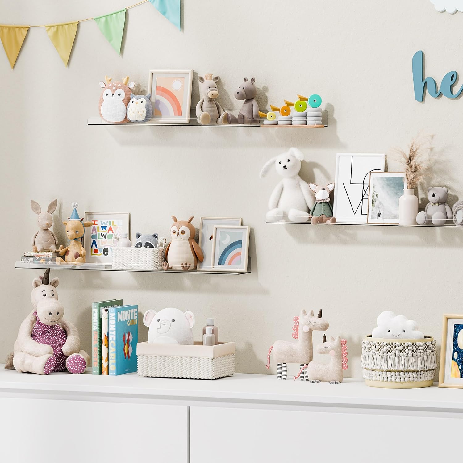 Upsimples 6 Pack Acrylic Floating Shelves - 15" x 4" Wall Storage for Kids' Rooms, Clear Display Organizers