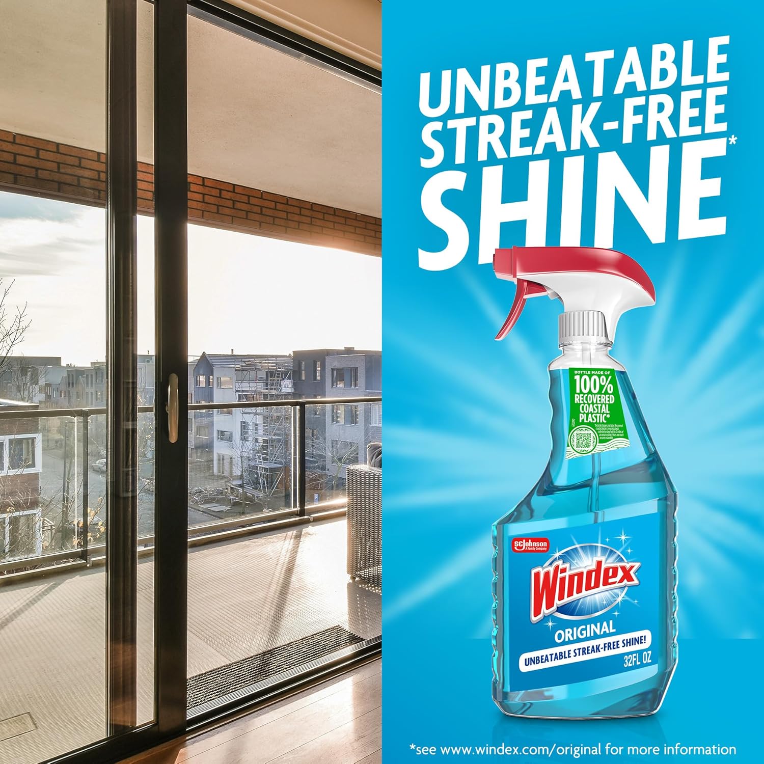 Windex Glass & Window Cleaner Refill - Eco-Friendly 100% Recycled Plastic, Original Blue Scent, 2L (Pack of 2)