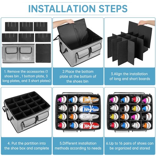 ITHWIU Shoe Storage Organizer for Closet, Fits 16 Pairs, Shoe Bin Storage Containers Foldable with Transparent Cover & Reinforced Handlesfor Shoes, Space Saving Shoes Holder, Gray