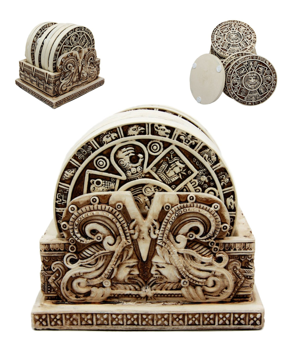 Gifts & Decors Ancient Aztec Demonic Gods Warrior Rank Symbols Set of 6 Coasters with Holder Figurine