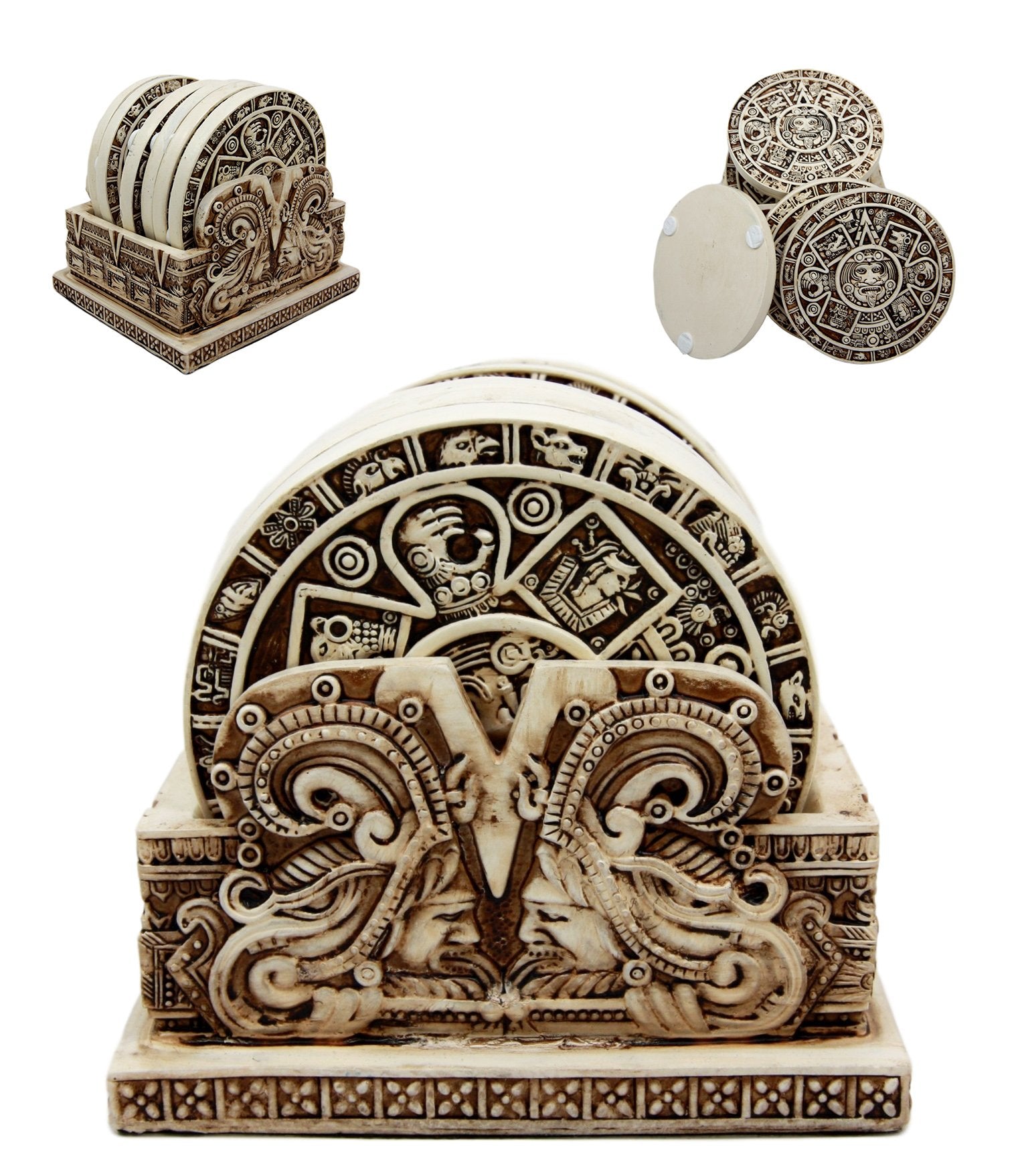 Gifts & Decors Ancient Aztec Demonic Gods Warrior Rank Symbols Set of 6 Coasters with Holder Figurine