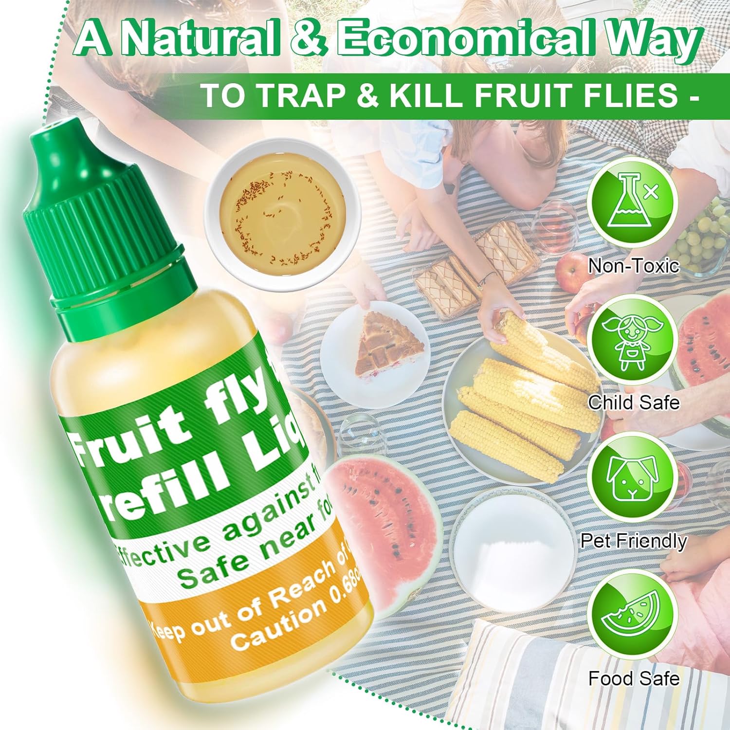 Qualirey Fruit Fly Trap Refill Liquid - Non-Toxic 0.68oz Bottles for Safe Indoor Use | 6 Pack