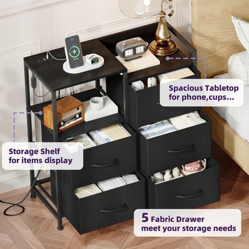 Somdot Black Nightstand with Charging Station and LED Light, Wide 5 Drawers Dresser for Bedroom with Fabric Bins and Open Shelf for Bedroom Kids Closet Dorm Guest Room, Black