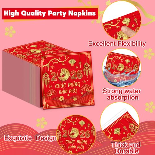 96Pcs Vietnamese New Year Party Decorations Vietnamese Horse Themed New Year Plates and Napkins 2026 Red Gold Horse Tableware Dinnerware Party Supplies for Spring Festival Lunar Decor Serves 24 Guests