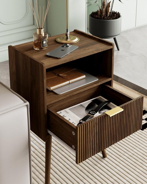 Veegle Nightstand,Modern Bedside Table with Storage Drawer and Open Wood Shelf, Accent Night Stand with Solid Wood Legs for Living Room, Bedroom and Small Spaces,Easy Assembly (Walnut Brown)