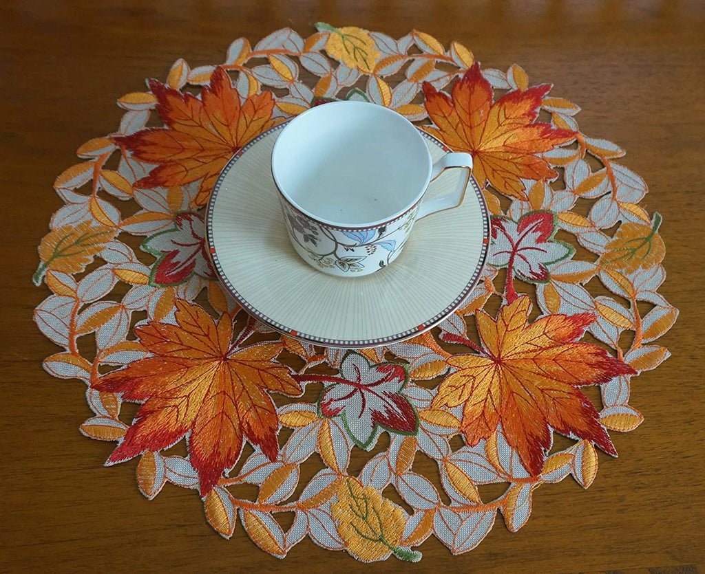 GRANDDECO Thanksgiving Harvest Table Runner Embroidered Cutwork Maple Leaves Dresser Scarf Table Cover Autumn Or Fall Decorations (Placemat 14" Set of 2)