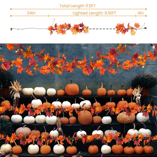 Brillarlights Thanksgiving Decorations for Home Lighted Garland with Lights, 11FT Thanksgiving Lighted Garland Plug in Fall Leaf, 50 Orange Bulbs Fall Garland for Mantle with Lights
