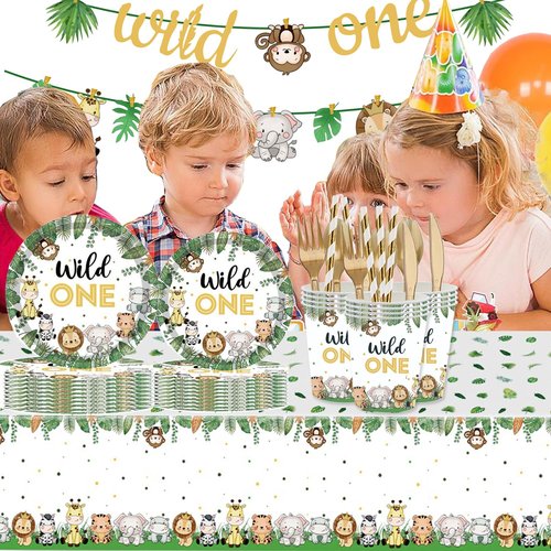 Wild One Birthday Decorations 202 Pcs for 25 Guests, Jungle Safari Theme Party Supplies with Animal Plates Napkins Cutlery Tablecloth Banner, Baby Shower or Boys 1st Birthday Party