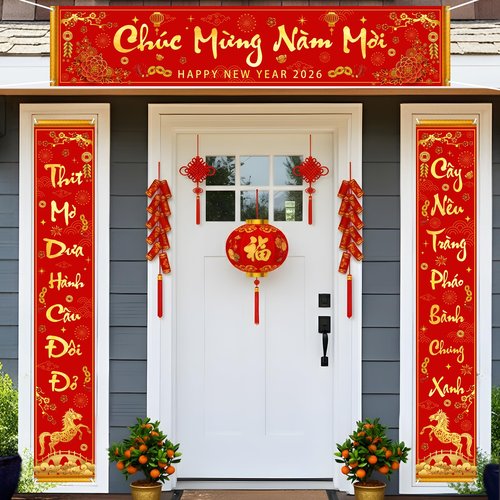 Wollmix Tet Vietnamese Lunar New Year Decorations 2026 Chuc Mung Nam Moi Lien Treo Trang Tri 3 Pieces Banner Red Hanging Couplets with 12 Red Envelopes
