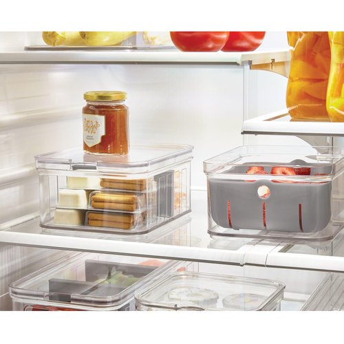 iDesign Small Fridge Berry Bin with Removable Colander Basket and Lid - Set of 6 - Clear/Gray