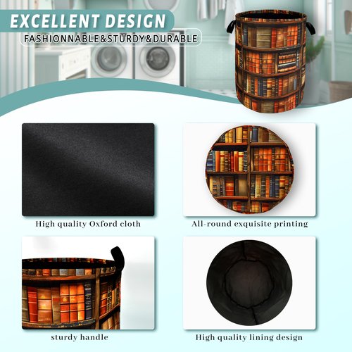 Retro Wooden Bookshelf Pattern Laundry Hamper Books Laundry Basket With Handles Foldable Oxford Cloth Funny Tote Bag Clothes Toy Storage Bucket 18.9"x16.5" For Bathroom/Laundry/Bedroom