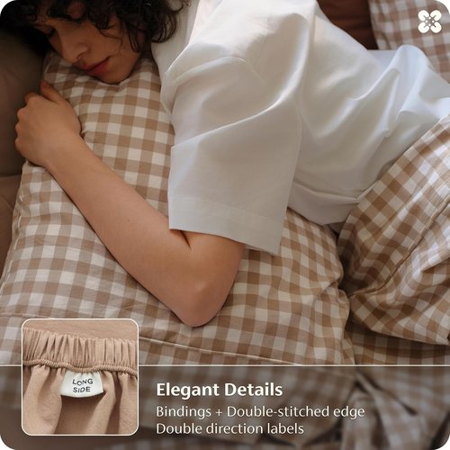 Bedsure 100% Washed Cotton Percale Sheets - Soft Gingham 6-Piece Set, Queen Size with 18" Deep Pocket (Brown)