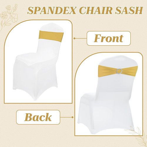 MDS Spandex Chair Sashes - Pack of 200 Elastic Stretch Bows with Buckle Slider for Wedding Decor - Gold