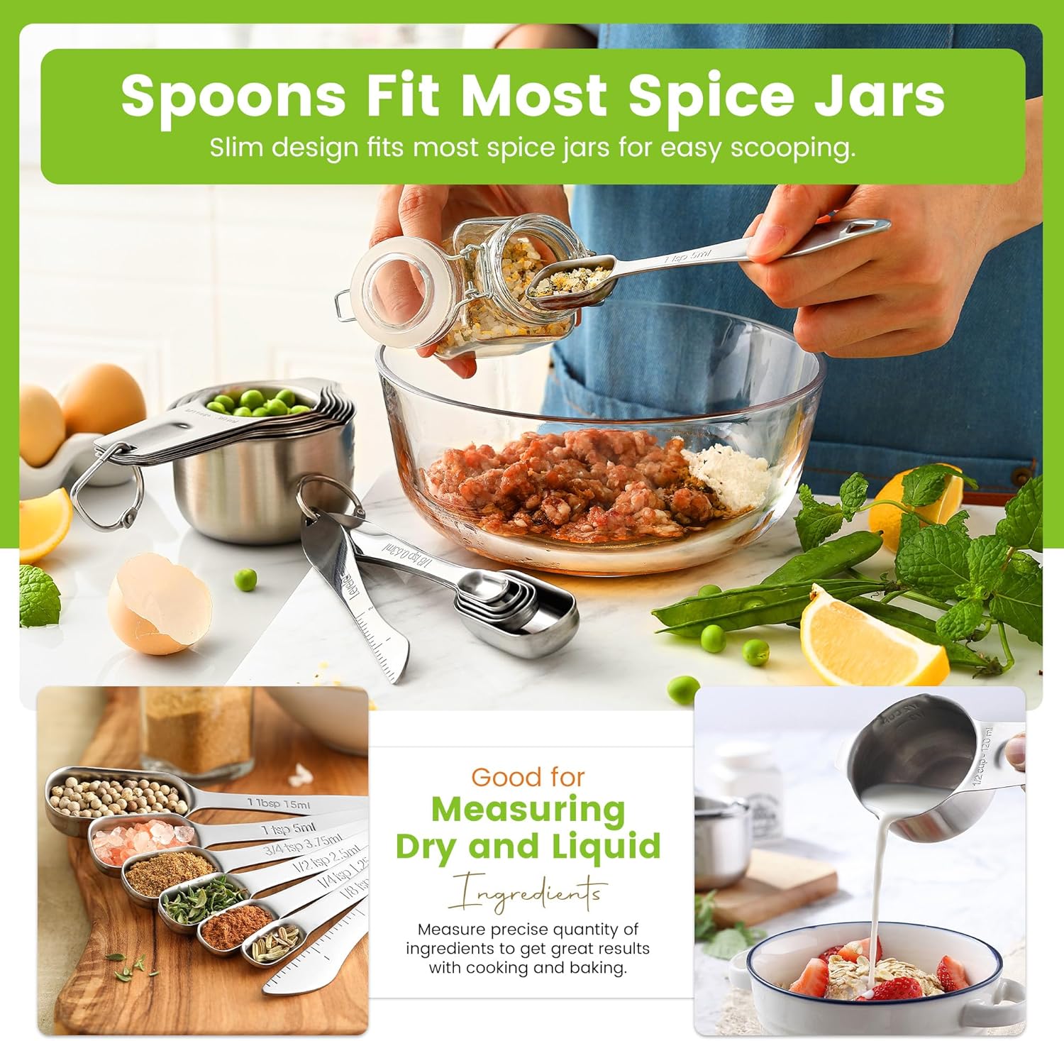 Spring Chef Stainless Steel Measuring Cups & Spoons Set - 14-Piece Nesting Kitchen Tools for Accurate Cooking & Baking