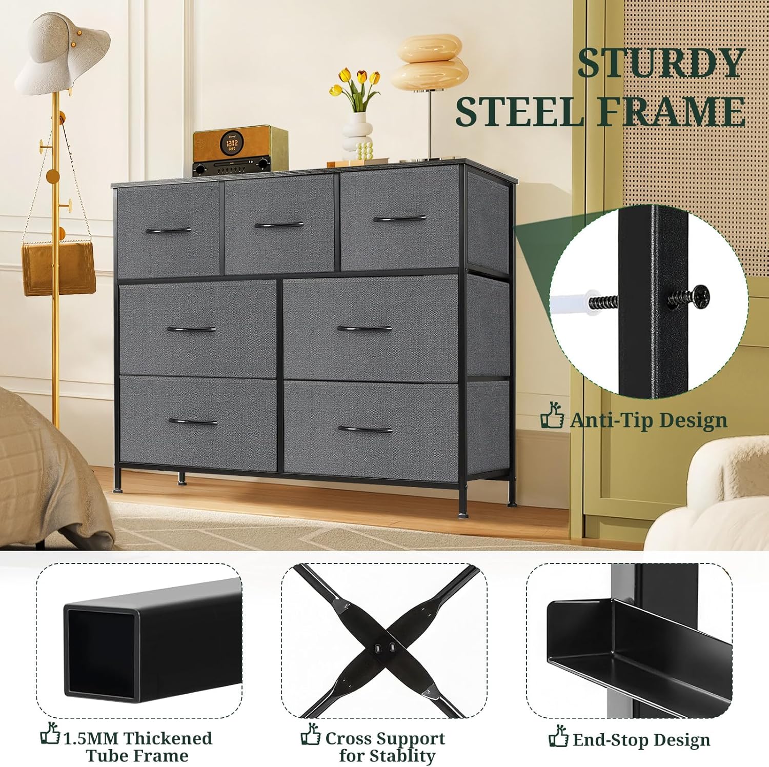 Skiennix 7-Drawer Dresser - Anti-Tip Wide Storage Organizer with Wooden Top | Gray Fabric Chest for Bedroom, Living Room, Hallway
