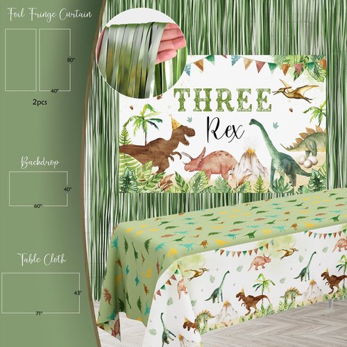 Three Rex Birthday Party Decorations Boy, Dinosaur 3rd Birthday Party Supplies, Three Rex Backdrop Tablecloth Fringe Curtain Balloon Arch Cake Topper Birthday Banner Hat