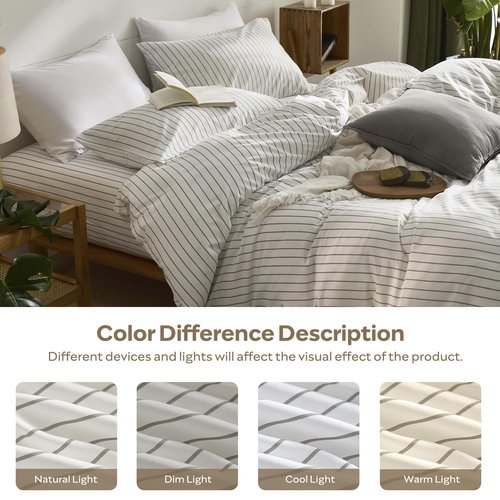 JELLYMONI Striped Duvet Cover Set - Queen Size 100% Cotton - 3PCS White & Grey Vertical Stripes Bedding - Hidden Zipper Closure & 8 Corner Ties - Breathable Comforter Cover for Bedroom