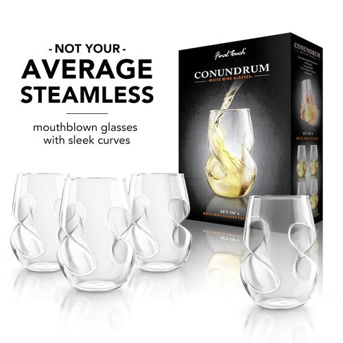 Final Touch Conundrum White Wine Glasses - Set of 4 Stemless Handcrafted Glasses - 9 oz Capacity - Sleek Curves for Comfortable Tasting - Dishwasher Safe (GG5008)