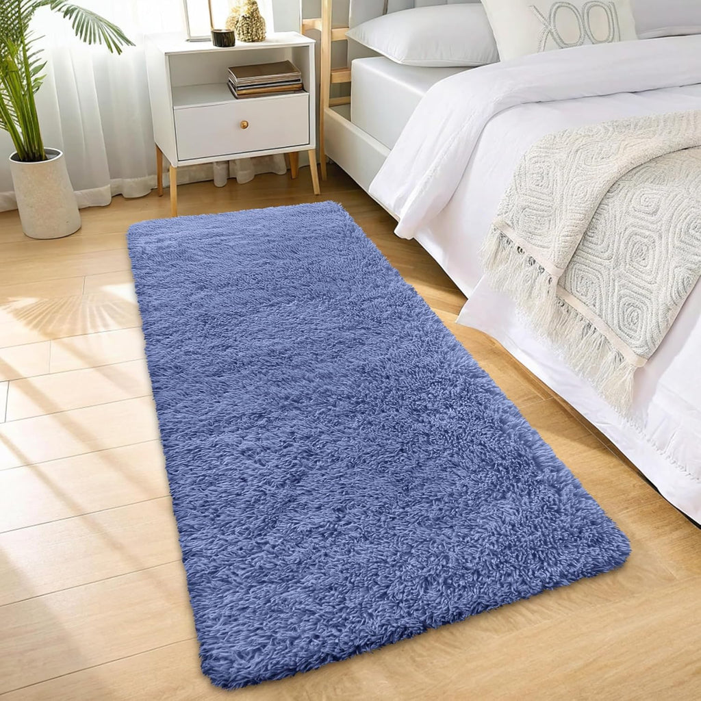 OLANLY 2x6 Machine Washable Runner Rug - Soft Fluffy Shaggy Indoor Carpet for Bedroom & Hallway | Denim Blue