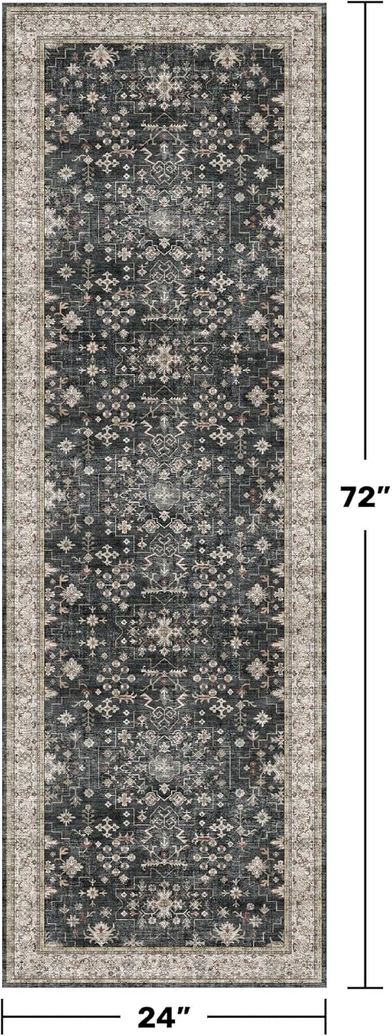 Skiennix Black Boho Runner Rug - Washable, Non-Slip, Soft & Stain Resistant | 2x6 ft for Hallway, Kitchen & Bedroom
