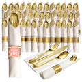 Prestee 400 Pieces Gold Silverware Set for 100 Guests - Premium Pre Rolled Disposable Plastic Silverware Set with Napkins - Wrapped Utensils with Forks, Knives, Spoons, Napkins for Weddings and Events