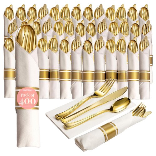 Prestee 400 Pieces Gold Silverware Set for 100 Guests - Premium Pre Rolled Disposable Plastic Silverware Set with Napkins - Wrapped Utensils with Forks, Knives, Spoons, Napkins for Weddings and Events