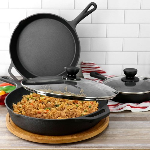 MegaChef 13 Piece Pre-Seasoned Cast Iron Skillet Set with Temperd Glass Lids and Silicone Holders