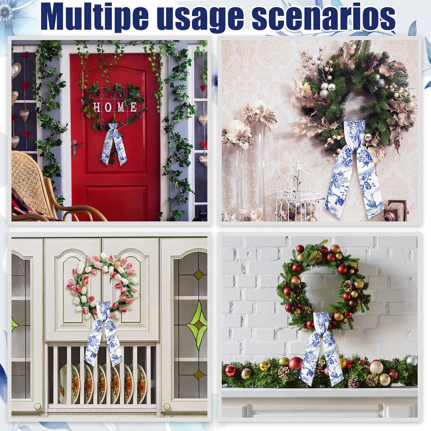 XunYee Wreath Sash Set - 6 Pcs Embroidered Monogram Decor for Indoor/Outdoor Use | Chinoiserie Design