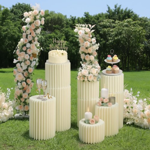 Merrifete Stacking-Block Design Cake Stands for Party, Customizable Height, Sturdy Cardboard Column with Acrylic Plate, Reusable Round Cylinder Stands for Party for Birthday, 9PCS, Milky White