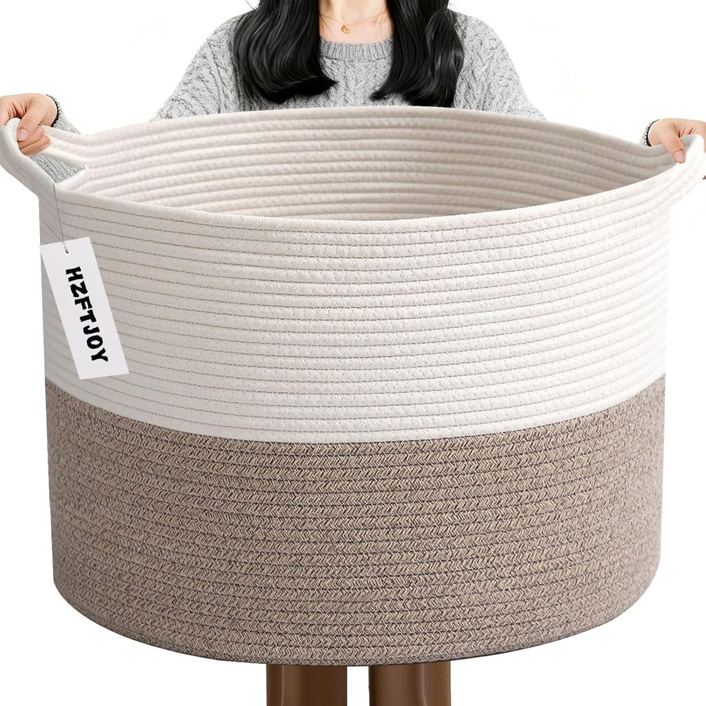 Regine Switzerland 65L Large Woven Cotton Rope Basket - Stylish Laundry Hamper for Bedroom & Living Room, White & Brown