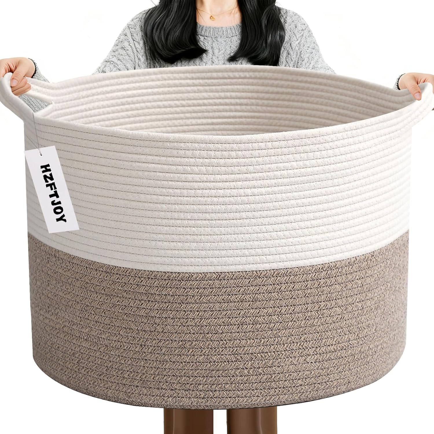 Regine Switzerland 65L Large Woven Cotton Rope Basket - Stylish Laundry Hamper for Bedroom & Living Room, White & Brown
