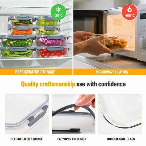 WWYH.DSS 5 PACK 36 oz Glass Meal Prep Containers, Glass Food Containers with Snap-Lock Lids, Airtight Lunch Containers, Microwave, Oven, Refrigerator and Dishwasher Safe，Gray