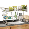 2 Tier Extra Large Stainless Steel Expandable Over The Sink Dish Drainer Drying Rack, Rust Proof Metal, Space Saving, Modern Silver Big Capacity Extendable Plate Strainers Above Kitchen Counter