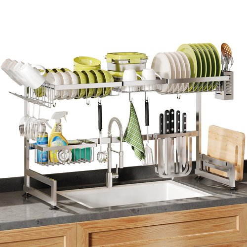2 Tier Extra Large Stainless Steel Expandable Over The Sink Dish Drainer Drying Rack, Rust Proof Metal, Space Saving, Modern Silver Big Capacity Extendable Plate Strainers Above Kitchen Counter