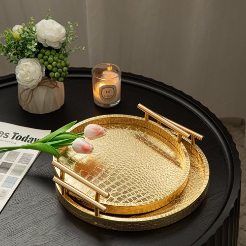 JUMBO HUMBLE Modern Decorative Tray Set of 2, Wooden Round Crocodile Leather Tray with Polished Metal Handles, Decorative Serving Trays Coffee Table Trays Ottoman Platter for Home Decor (Golden)