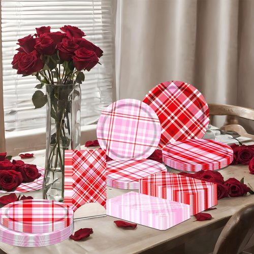 OGMOGKW Valentines Plates and Napkins,60pcs Valentine Paper Plates and Napkins Red Pink Gingham Plates and Napkins Disposable Valentines Day Plates Sets for Valentines Day,Wedding, Anniversary Party