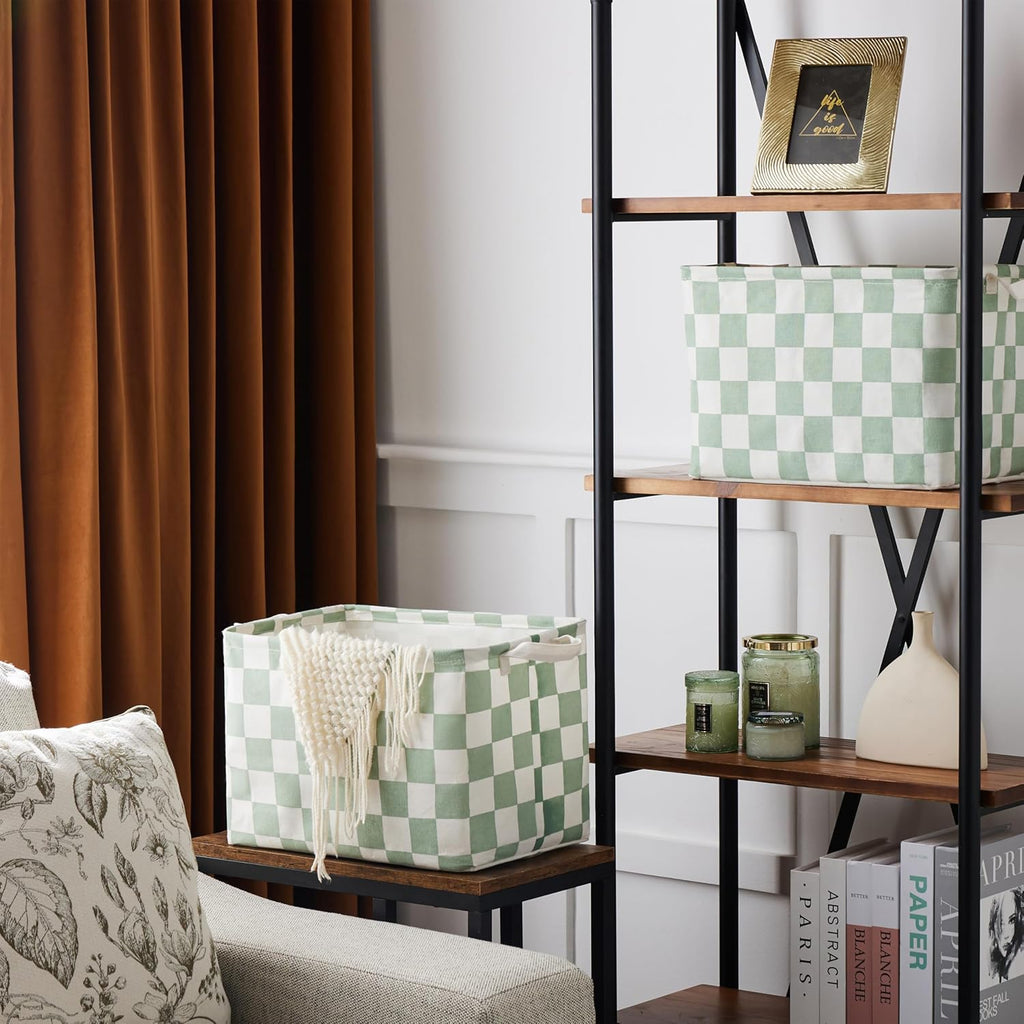 Ohocut Sage Green Checkered Canvas Basket - Decorative Storage for Kids & Pets | Organizing Solution for Home & Classroom