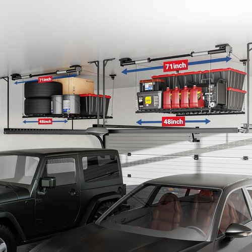 FLEXIMOUNTS GL1 Overhead Garage Storage Rack - Heavy-Duty 4x4 Ft Metal Ceiling Organizer | Adjustable, 350lbs Capacity, Black