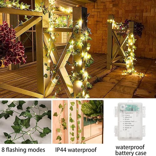 KANLONG 33 Ft Vine with Fairy Lights Battery Operated, 8 Flashing Model Waterproof 100 LEDs Battery Powered Artifical Ivy Leaves Vine String Light for Garland Wedding Party Holiday Patio Bedroom Decor