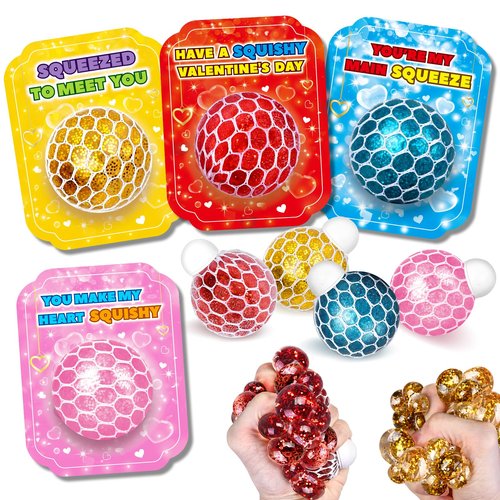 SpringFlower Valentines Day Cards for Kids School, 24 Pack Valentines Cards with Squeeze Stretch Fidget Toy Balls,Valentines Day Gifts for Classroom Exchange,Valentines Party Favors Prizes for Kids