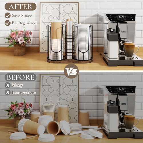 BCOZLUX Coffee Cup Holder 18oz 3-Compartment Paper Cup Dispenser Rack with Wood Base - Disposable Cup, Straw & Lid Organizer 3-in-1 Storage for Countertop, Coffee Bar, Kitchen, Office