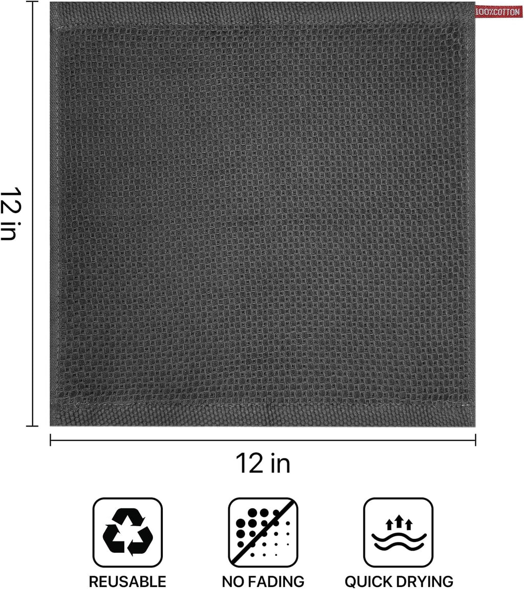 Skiennix 100% Cotton Waffle Weave Kitchen Towels - Ultra Soft & Absorbent, 8 Pack, Dark Grey, 12x12 Inches