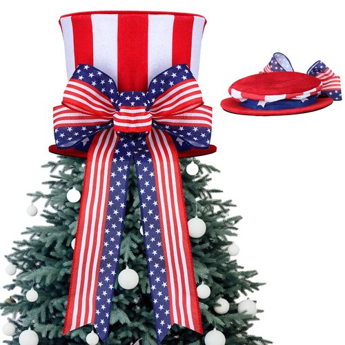 Soaoo 4th of July Tree Topper Large Patriotic Red White and Blue Hat with Striped Wreath Bow Patriotic Tree Decorations for Indoor Outdoor Independence Day Memorial Day Decor