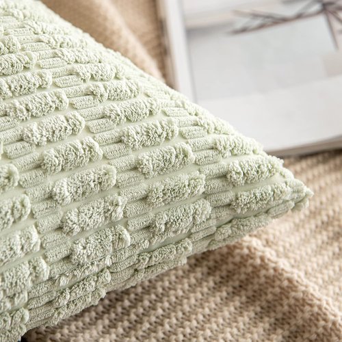 MIULEE Decorative Throw Pillow Covers - Soft Boho Striped Corduroy | 18x18 Inch, Light Green, Pack of 2