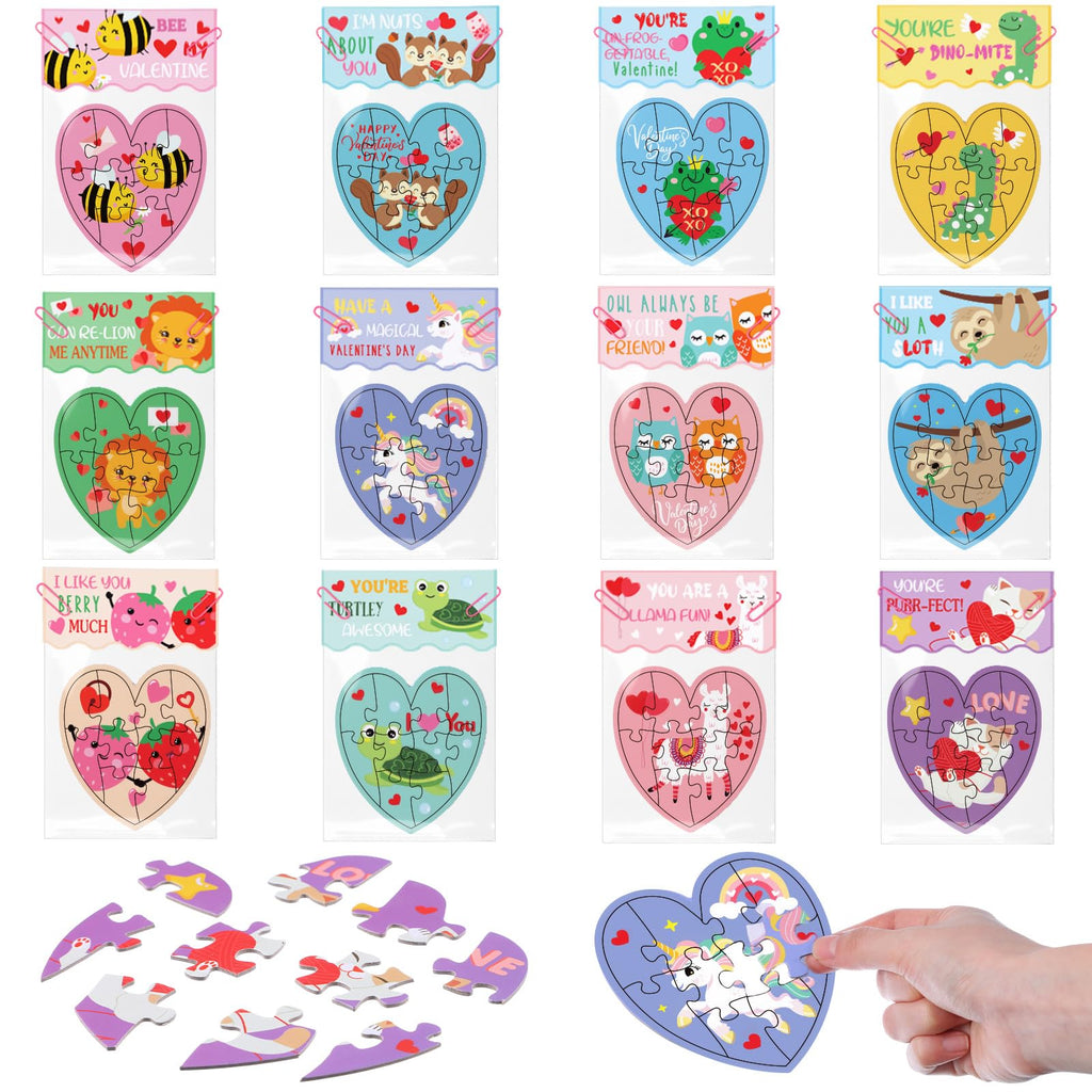 Seenelling 36 Sets Valentines Gifts for Kids Classroom Exchange, Animal Heart Puzzles with Cards, Clear Gift Bags & Clip, Cute Classroom Bulk Valentine Party Favors for Boys Girls School Gift Exchange