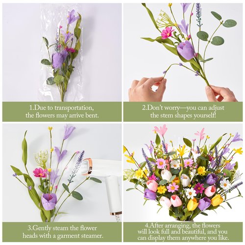 Worthyeah 12 Pack Spring Decorations for Home, 4 Colors Flowers Artificial for Decor, 17 Inch Flores Artificiales para Decoracion with Tulips, Daisy and Forsythia for Spring Summer Decor